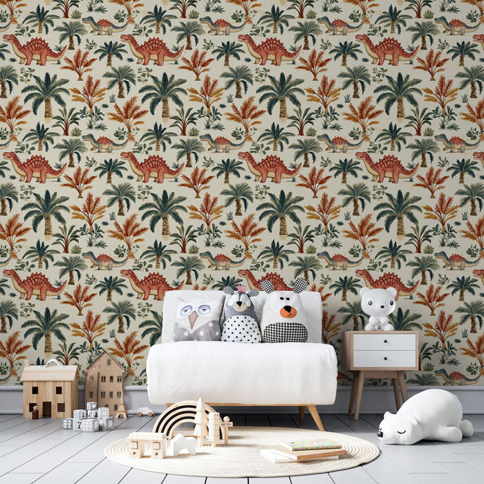 Fototapet dinosaurer | Lekent mønster med fargerike dinosaurer og tropisk løvverk