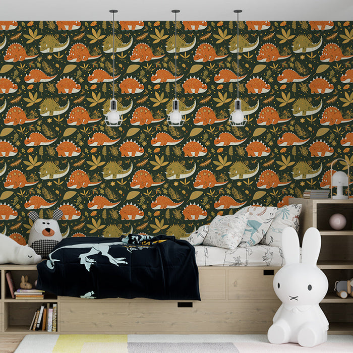 Fototapet dinosaurier | Färgglada dinosauriemönster på en mörk bakgrund