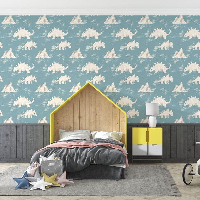 Mural Wallpaper dinosaurs | Dinosaur and mountain patterns on a blue background
