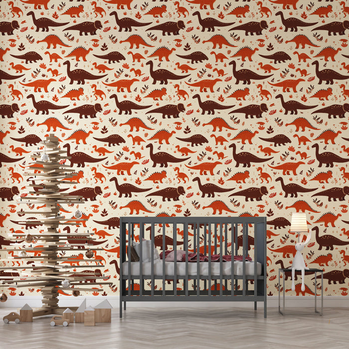 Fototapet dinosaurer | Legende farverige dinosaurmønstre på en lys baggrund