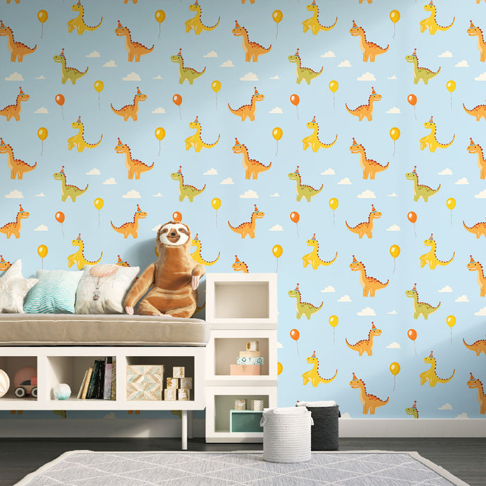 Tapetti dinosaurukset | Leikkisä maailma värikkäitä dinosauruksia ja ilmapalloja sinisellä taustalla