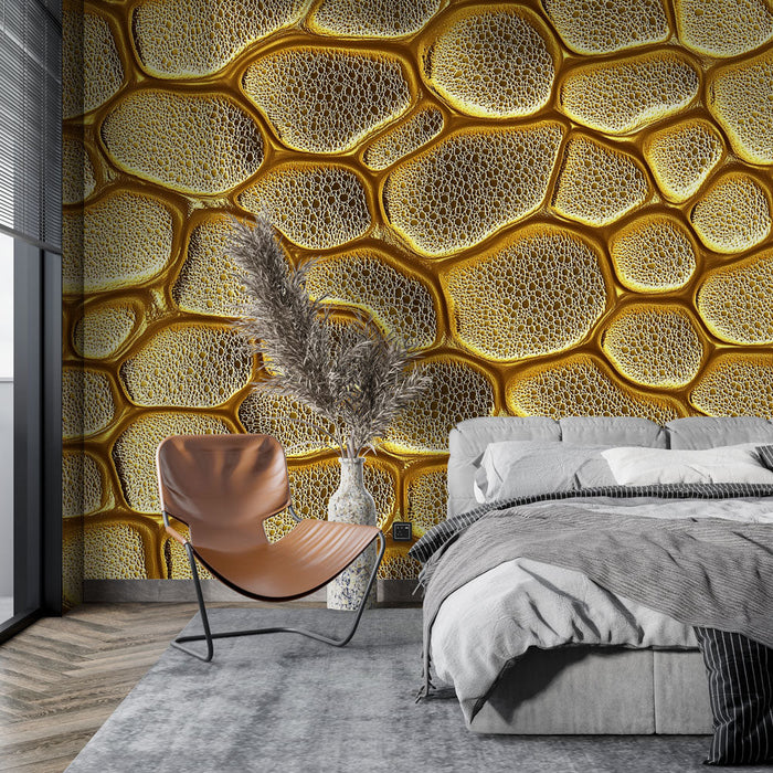 Mural Wallpaper golden | Textured embossed pattern with golden cells