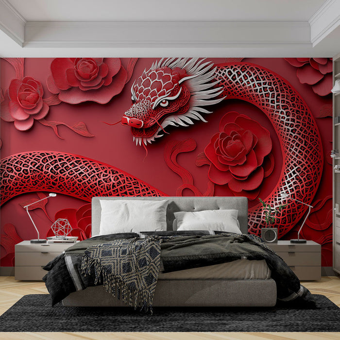 Mural Wallpaper Chinese Dragon | Elegant embossed pattern with dragon and red flowers