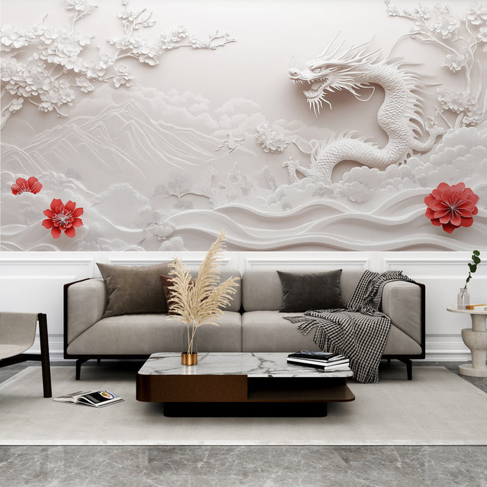 Mural Wallpaper dragon | Embossed wall decor with dragon and red flowers