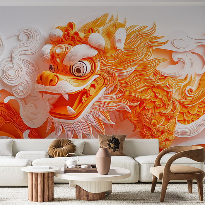 Mural Wallpaper dragon | Vibrant dragon in cut paper with clouds