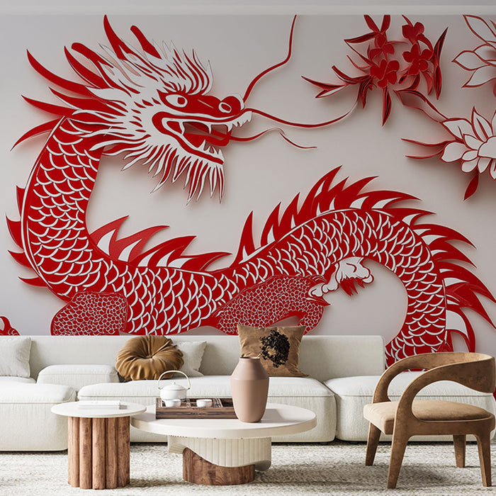 Tapetti lohikäärme | Elegantti punainen lohikäärmeen kuviointi ja paperileikkauskukat