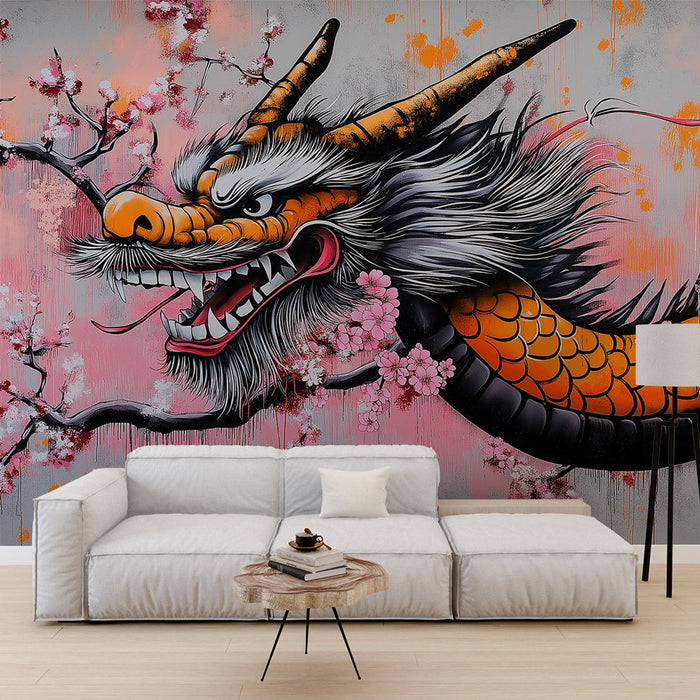 Papel pintado Dragón Japonés | Flores de Cerezo y Arte Callejero