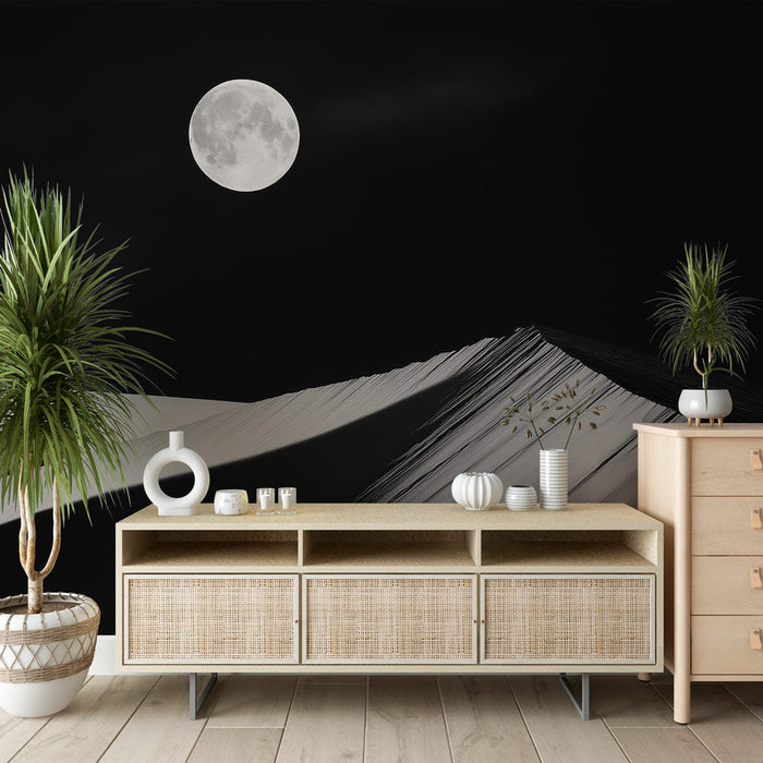 Tapeta pješčane dine | Minimalistički noćni krajolik s jarkim mjesecom