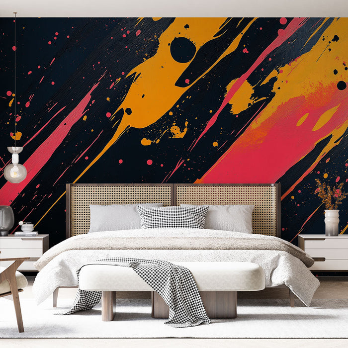 Foto Behang gekleurde spetters | Een gedurfde mix van felle kleuren op een donkere achtergrond