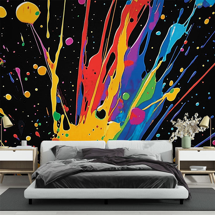Tapet maling splatter | Et udbrud af lyse farver på en sort baggrund
