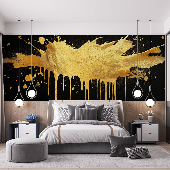 Papel pintado golden splashes | Diseño elegante con efectos de pintura dorada sobre un fondo negro