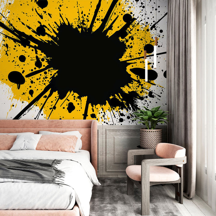 Papel pintado salpicaduras | Explosiones dinámicas en negro y amarillo sobre un fondo blanco