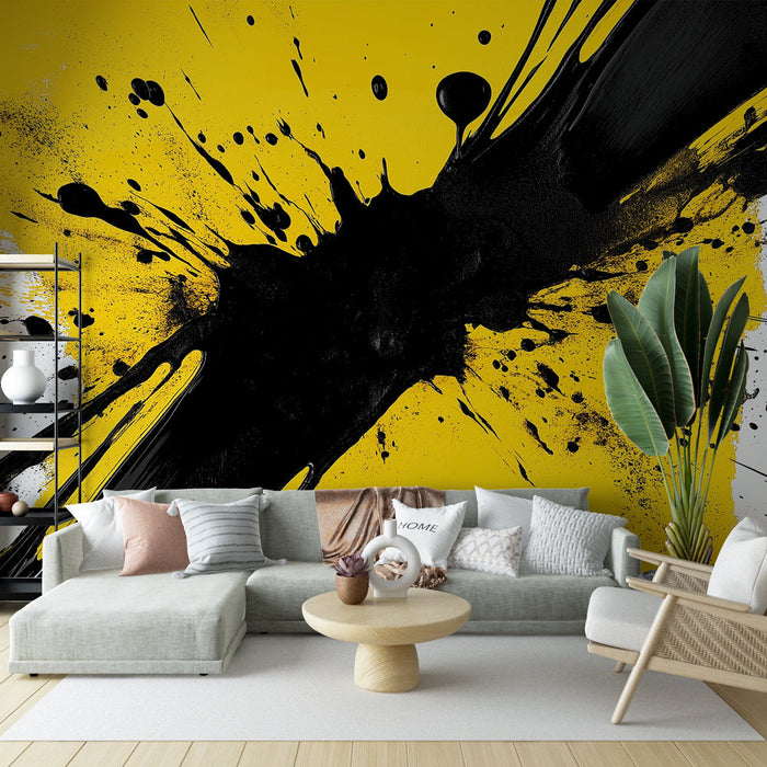 Fototapet stänk | Dynamisk explosion av svart och gult på en vit bakgrund