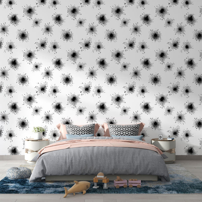 Carta da parati nera con schizzi | Motivo dinamico di macchie d'inchiostro su sfondo bianco