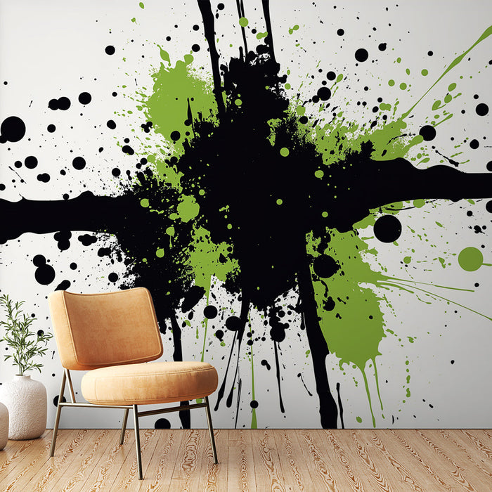 Carta da parati spruzzi | Un design dinamico di macchie nere e verdi su uno sfondo bianco