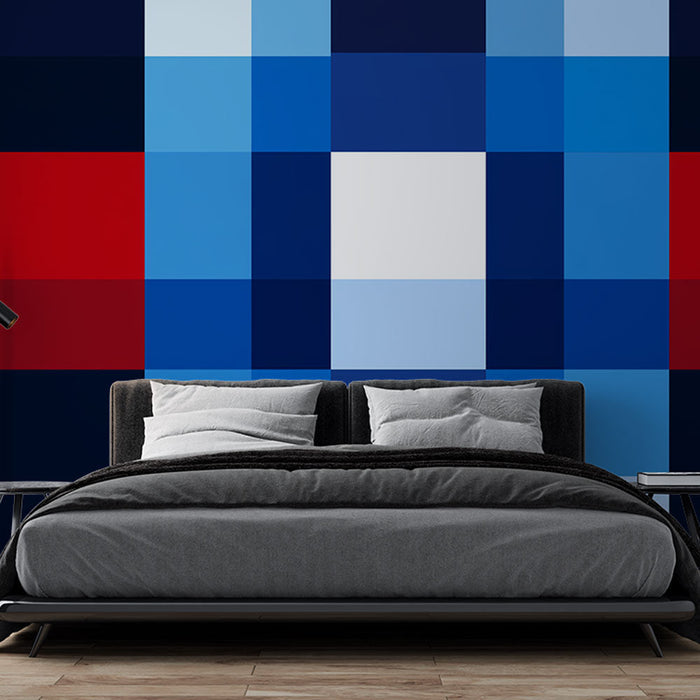 Modern Mural Wallpaper | Blue tartan with touches of red