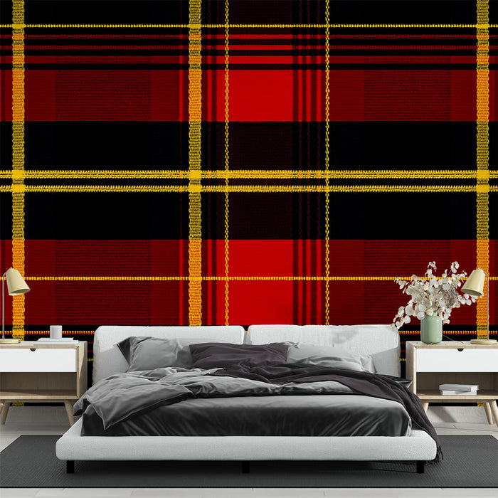 Tapet scoțian | Pătrate tartan roșu, negru și galben