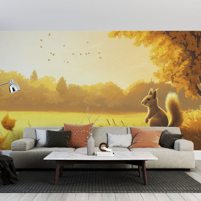 Χρυσός Σκίουρος Ταπετσαρία Τοίχου | Ένας σκίουρος σε ένα ηλιόλουστο φθινοπωρινό τοπίο