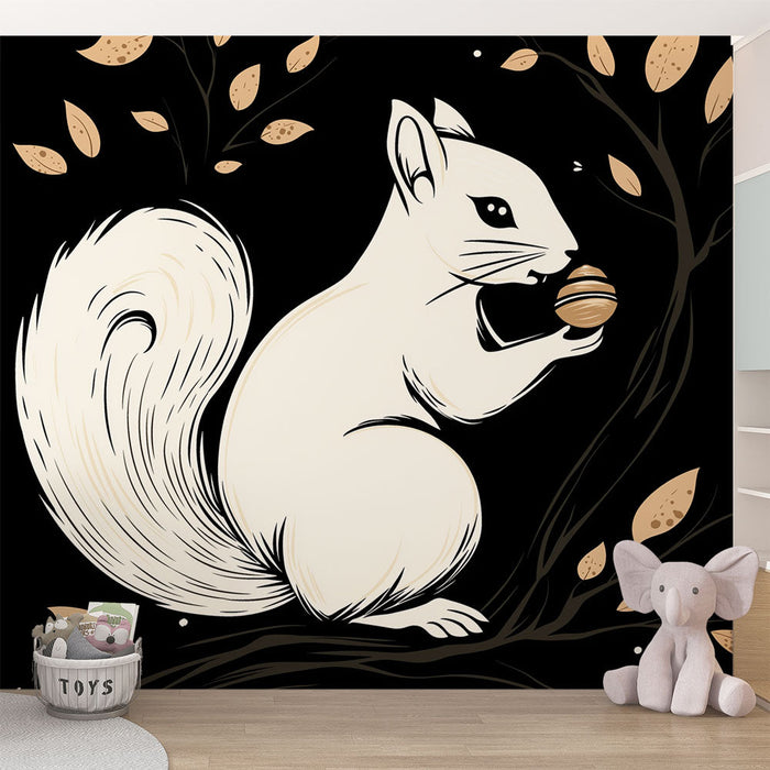Ταπετσαρία Σκίουρος | Στυλιζαρισμένος λευκός σκίουρος σε μαύρο φόντο με χρυσό φύλλωμα