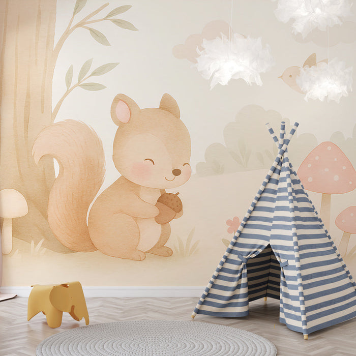Mural Wallpaper squirrel | Cute squirrel holding a hazelnut among mushrooms and flowers