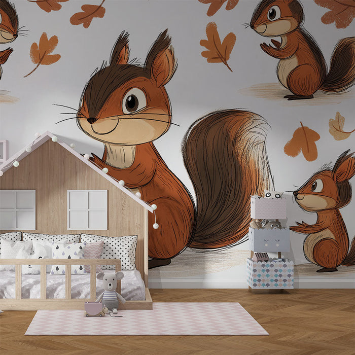 Fototapet ekorre | Söta ekorrar omgivna av höstlöv