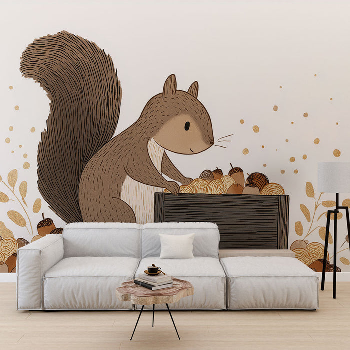 Fototapet squirrel | Sevimli sincap sarı yapraklar ve meşe palamudu ile çevrili