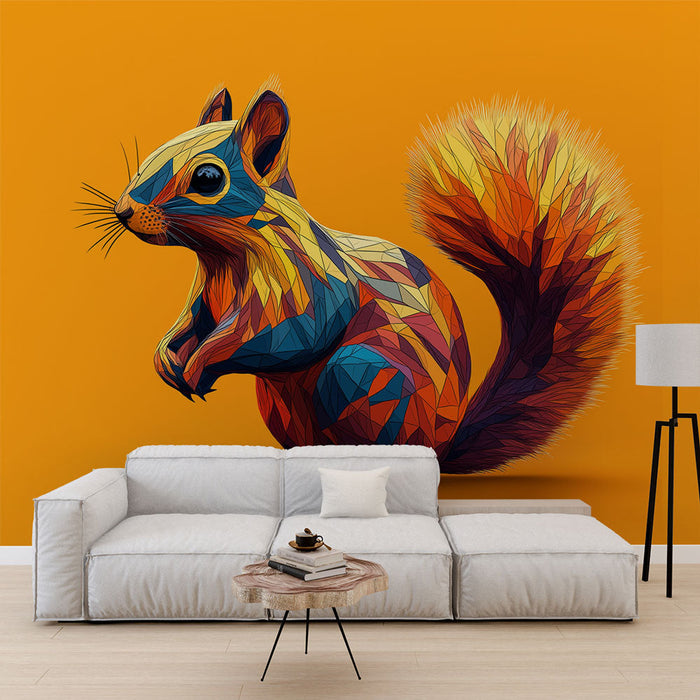 Mural Wallpaper geometric squirrel | Colorful squirrel with artistic shapes on orange background