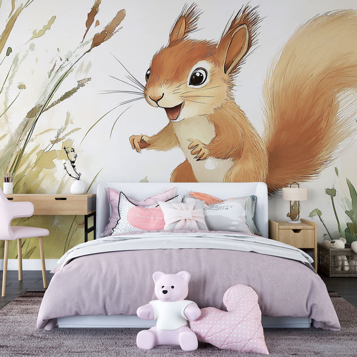 Ταπετσαρία τοίχου happy-squirrel | Κινούμενος σκίουρος ανάμεσα σε λουλούδια και χόρτα