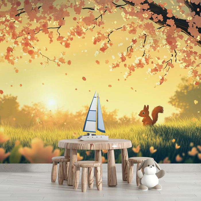 Falfestmény tapéta mókus cseresznyefa alatt | Cseresznyekéreg és békés mókus naplementekor