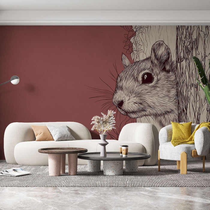 Carta da parati scoiattolo | Uno scoiattolo birichino che emerge da un albero con tonalità rustiche
