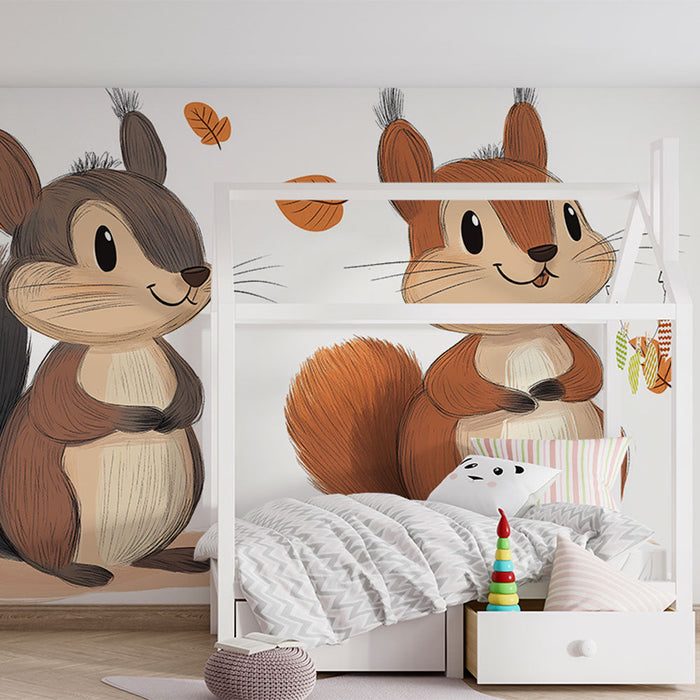 Papel pintado ardillas | Crestas de ardillas de colores brillantes y hojas de otoño