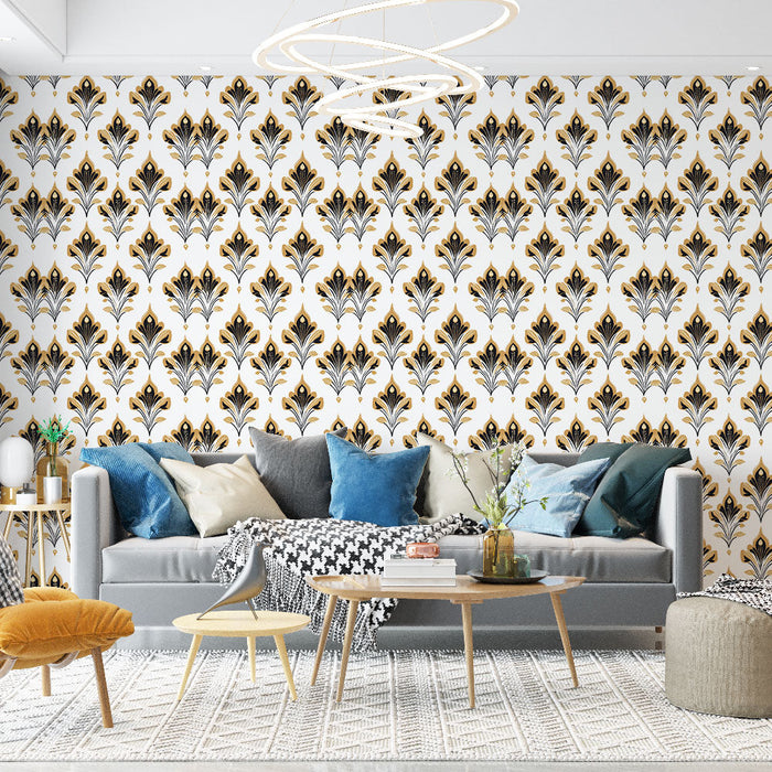 Tapeta Mural Wallpaper elegancki | Czarno-złoty motyw kwiatowy na białym tle