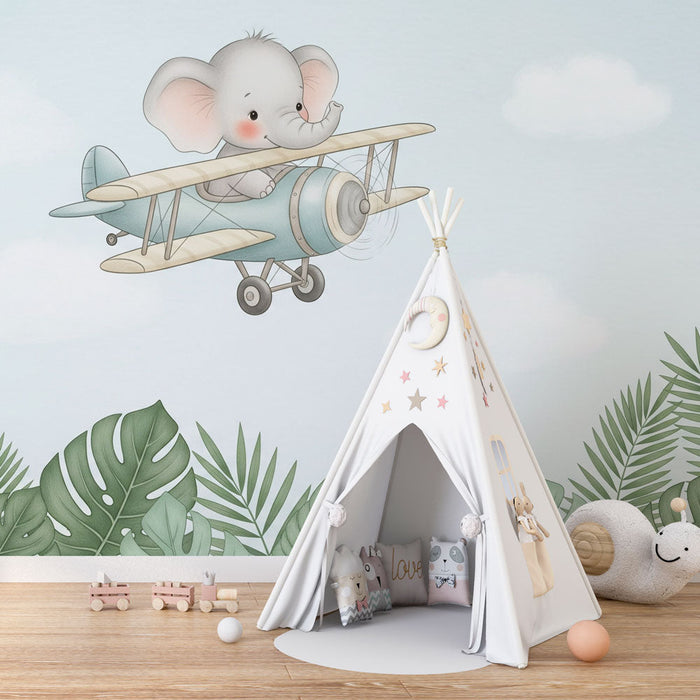 Fototapet fil aviator | Uçakta uçan bir filin zarif motifleri yumuşak renklerde