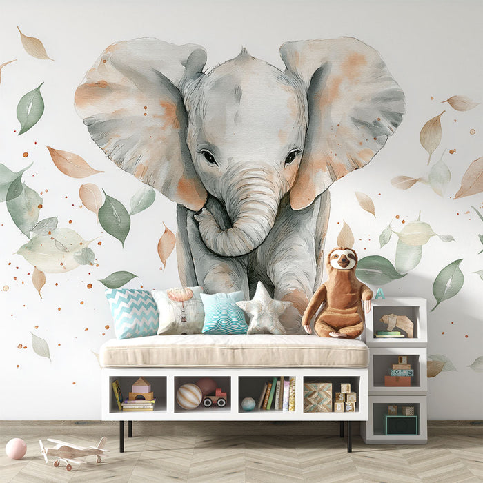 Tapet mural elefant | Elefant elegant înconjurat de frunze colorate