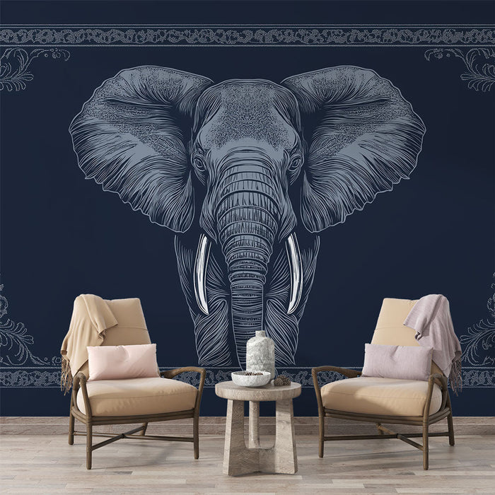 Tapete Elephant | Κομψό γραφικό ελέφαντας σε μεσάνυχτα μπλε υπόβαθρο