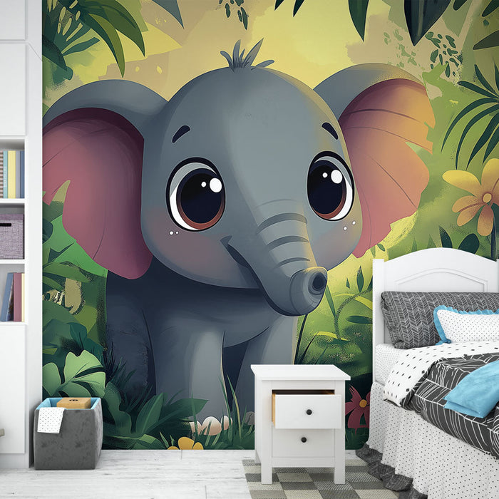 Fototapet Elephant | Elegant Søt Elephant Blant den Blomstrende Jungelen