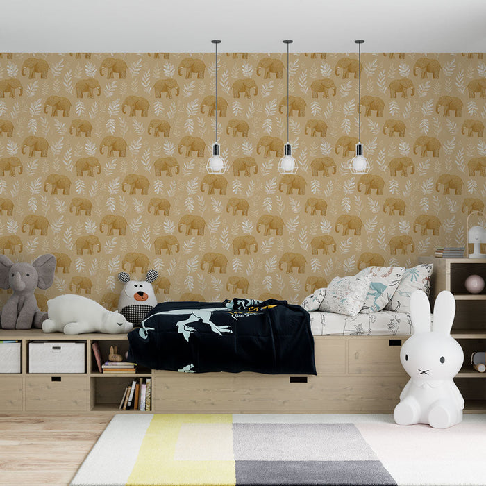 Carta da parati murale elefante | Elefanti su sfondo beige con foglie bianche