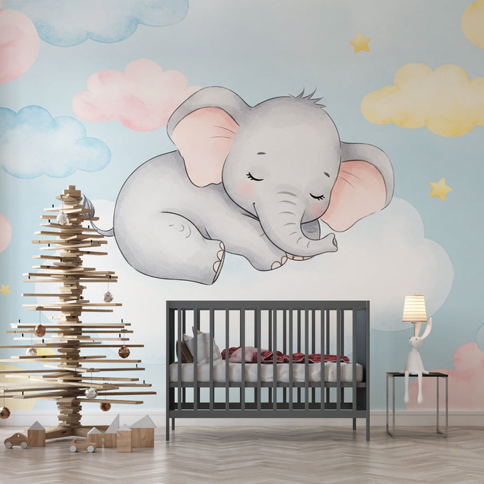 Mural Wallpaper sleeping elephant | Cute elephant on a cloud among colorful stars and clouds