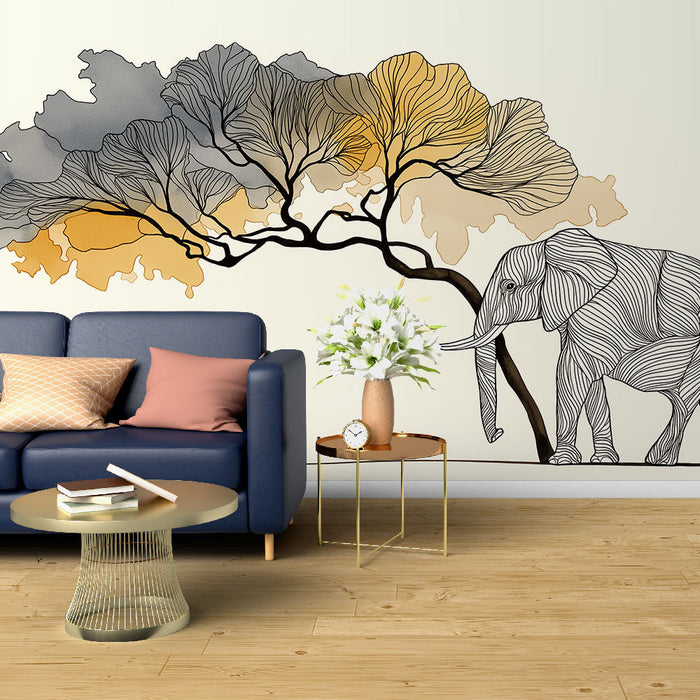 Ταπετσαρία με ζωγραφική ελεφάντα και δέντρα | Κομψή γραμμική εικόνα ενός ελέφαντα κάτω από ένα στιλιζαρισμένο δέντρο