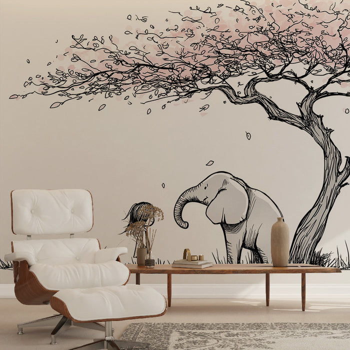 Tapete με ελέφαντα και παιδί | Εύθραυστη εικονογράφηση κάτω από ένα ανθισμένο δέντρο