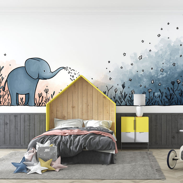 Ταπετσαρία τοίχου φανταστικός ελέφαντας | Ένας μπλε ελέφαντας που ποτίζει λουλούδια κάτω από ένα αστερόματο ουρανό