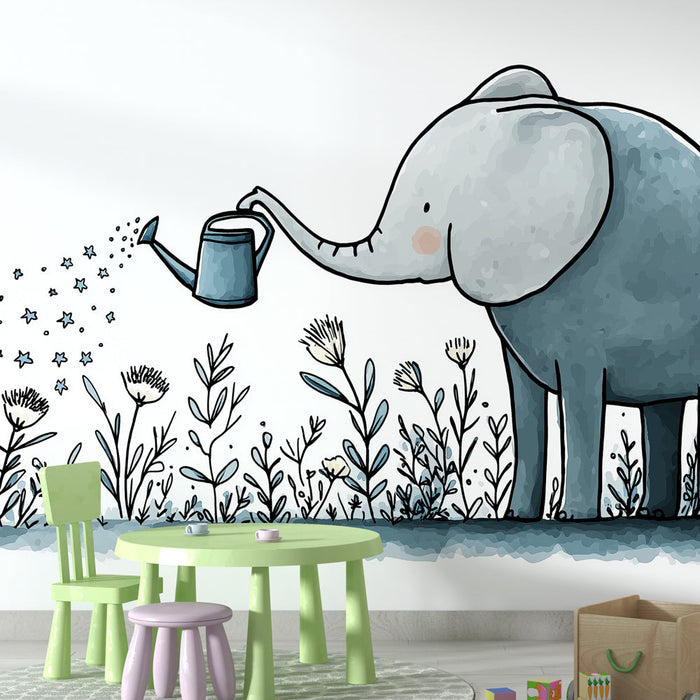 Papel de parede elefante jardineiro | Elefante elegante regando flores delicadas