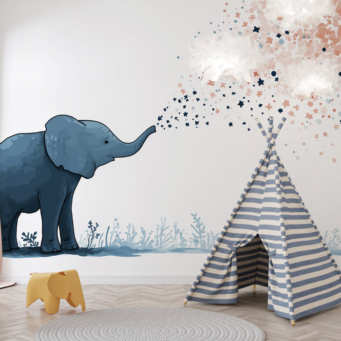 Papel pintado de elefante luminoso | Elegante elefante azul proyectando estrellas de colores