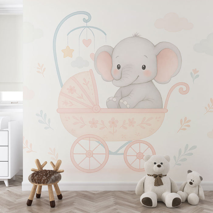Tapete cute elephant | Χαριτωμένος ελέφαντας σε καρότσι με σύννεφα και παστέλ μοτίβα