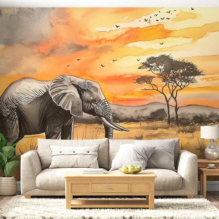 Mural Wallpaper elefant | Afrikansk landskap ved solnedgang