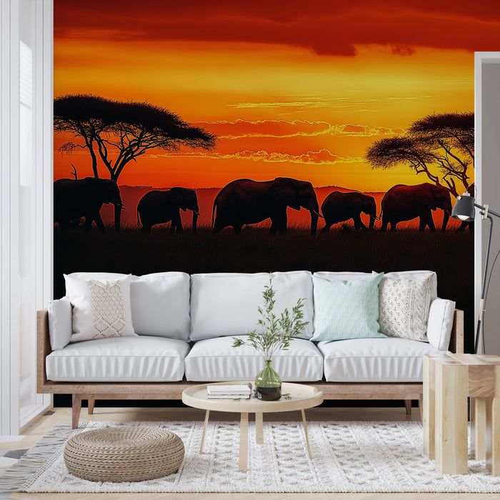 Papel pintado elephants at sunset | Majestic silhouettes in harmony with nature