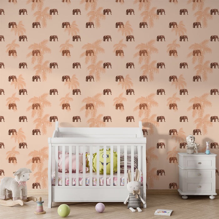 Tapete elephants | Κομψοί ελέφαντες που περιβάλλονται από μαλακά φοινικόδεντρα σε ροζ φόντο.
