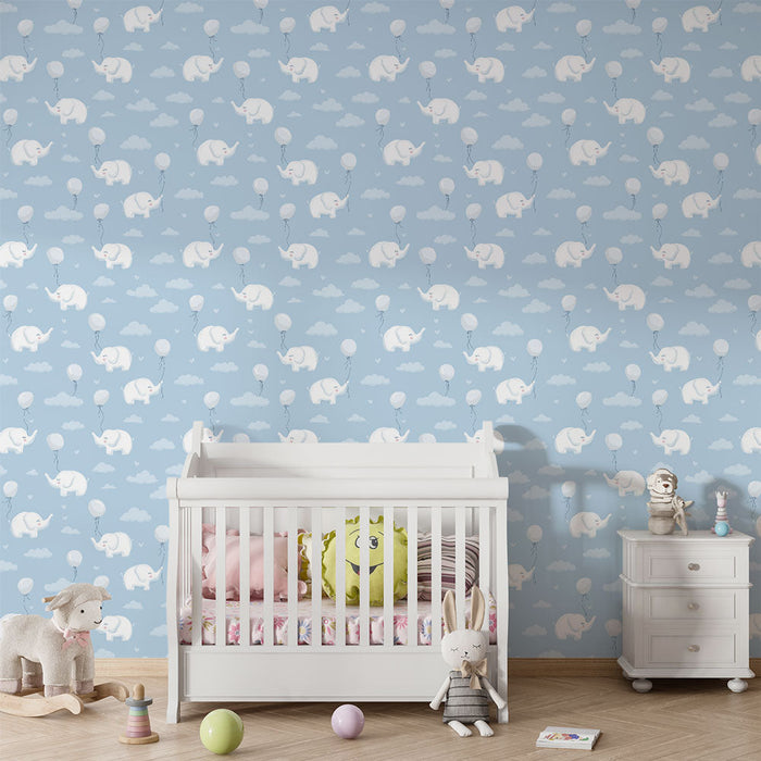 Tapete με ελέφαντες και μπαλόνια | Ένα παιχνιδιάρικο σχέδιο με ελέφαντες που αιωρούνται κάτω από μπαλόνια σε μπλε φόντο.