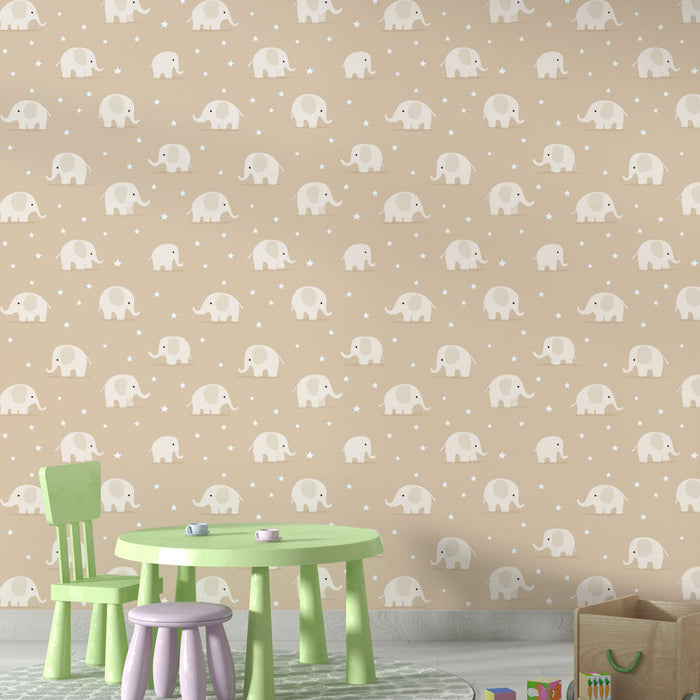 Mural Wallpaper elephants | Cute elephants on a steam beige background
