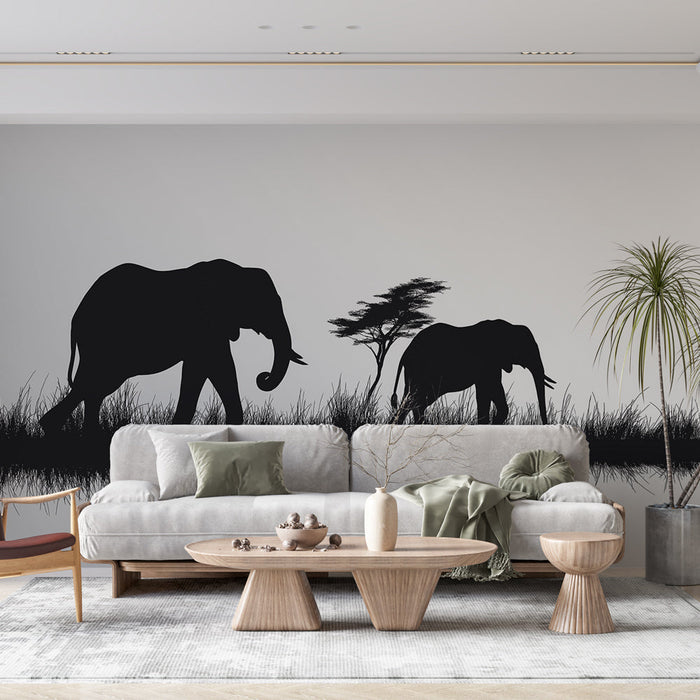 Mural Wallpaper elephants | Peaceful silhouette of elephants by the water